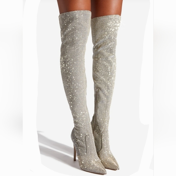 New! Silver gold sparkle boots stiletto heels thigh high stretchy size 8 wide - Picture 7 of 16